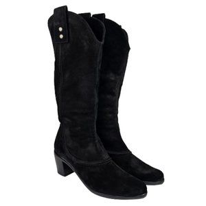 Vaneli Hash Black Nubuck Knee High Stitching Adjustable Snap Pull On Heel Boots